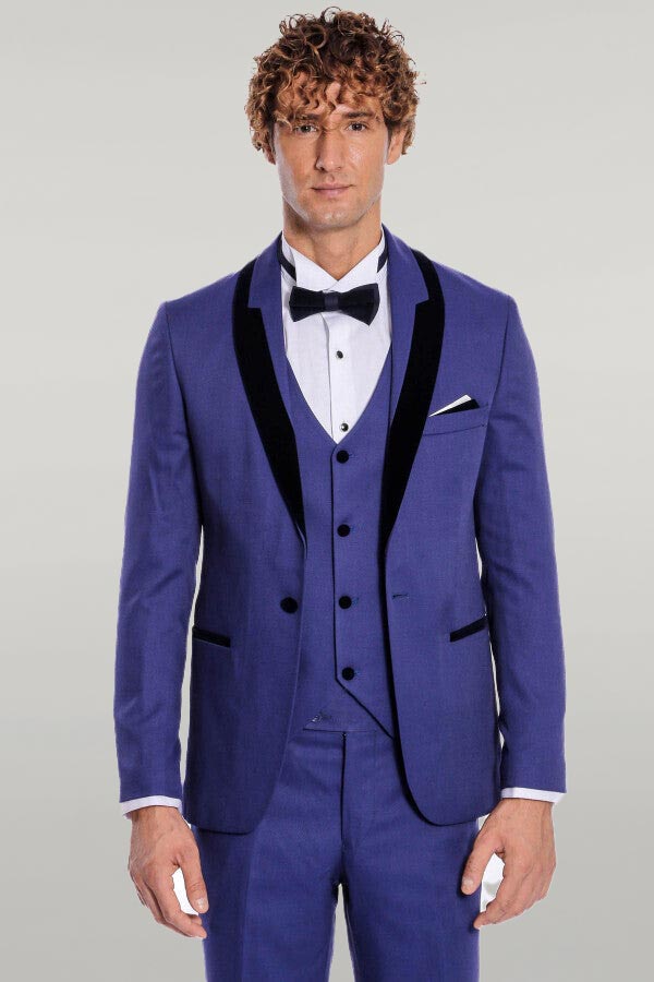 WSS Patterned Velvet Lapel Blue Men Tuxedo  - Singen