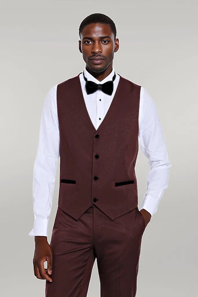 WSS Patterned Velvet Lapel Burgundy Groom Suit  - Singen