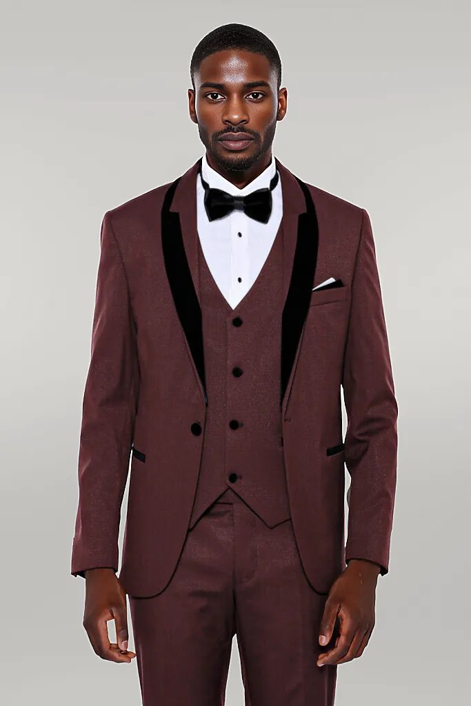 WSS Patterned Velvet Lapel Burgundy Groom Suit  - Singen