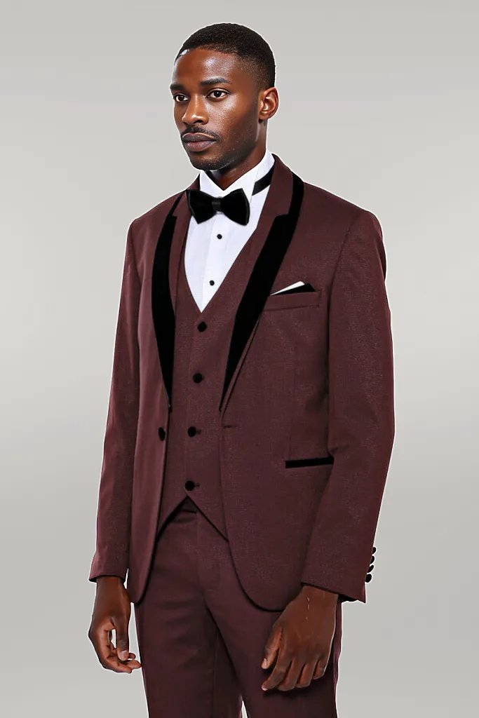 WSS Patterned Velvet Lapel Burgundy Groom Suit  - Singen