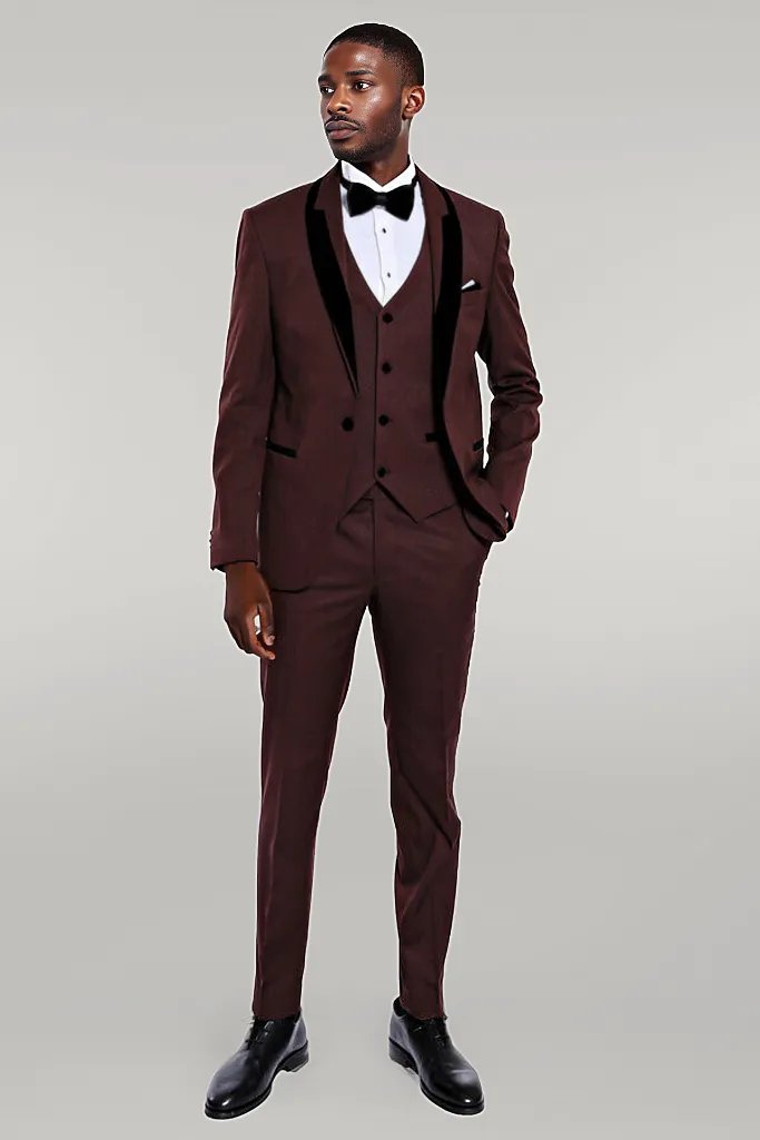 WSS Patterned Velvet Lapel Burgundy Groom Suit  - Singen