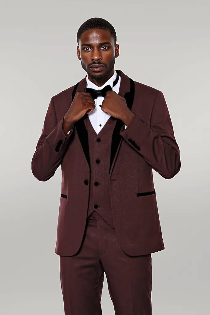 WSS Patterned Velvet Lapel Burgundy Groom Suit  - Singen