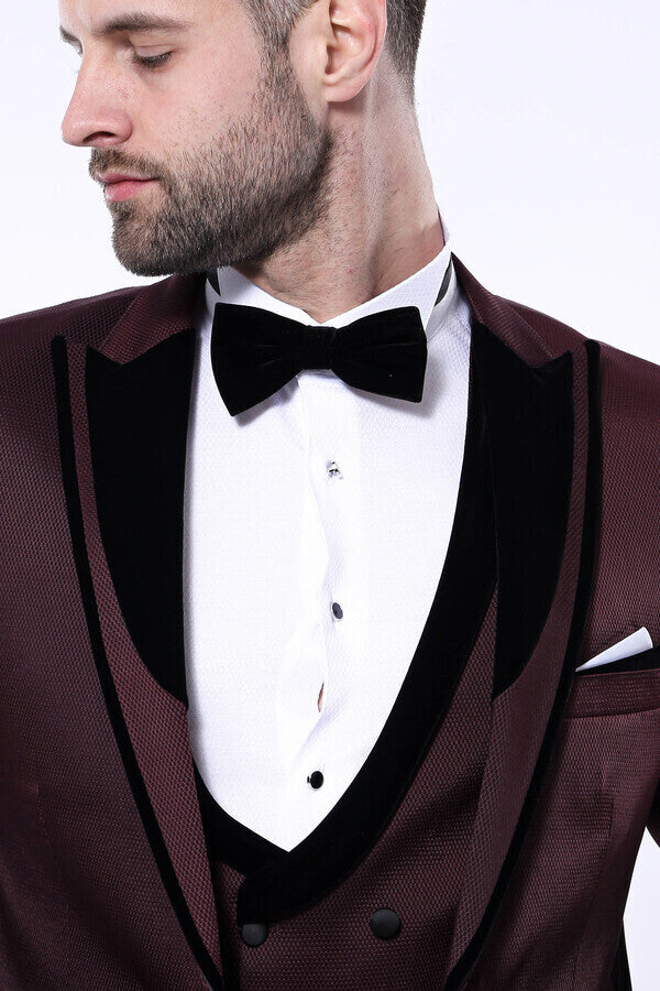 WSS Patterned Velvet Lapel Burgundy Tuxedo  - Singen