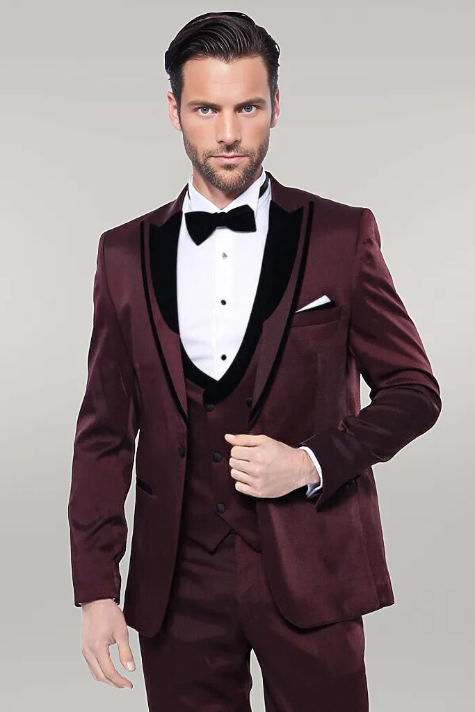 WSS Patterned Velvet Lapel Burgundy Tuxedo  - Singen