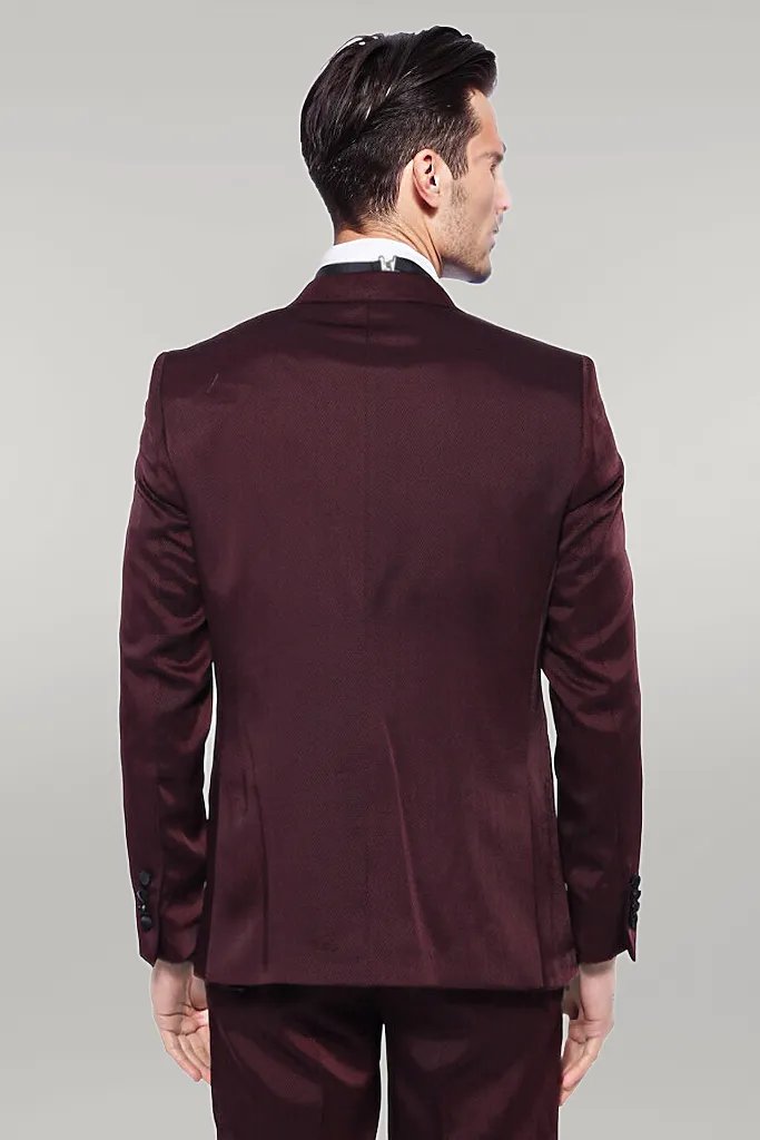 WSS Patterned Velvet Lapel Burgundy Tuxedo  - Singen