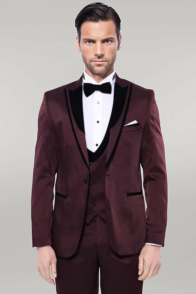 WSS Patterned Velvet Lapel Burgundy Tuxedo  - Singen