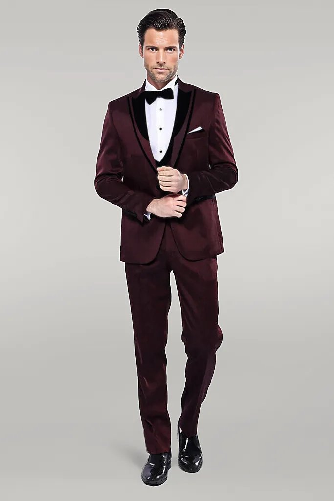 WSS Patterned Velvet Lapel Burgundy Tuxedo  - Singen