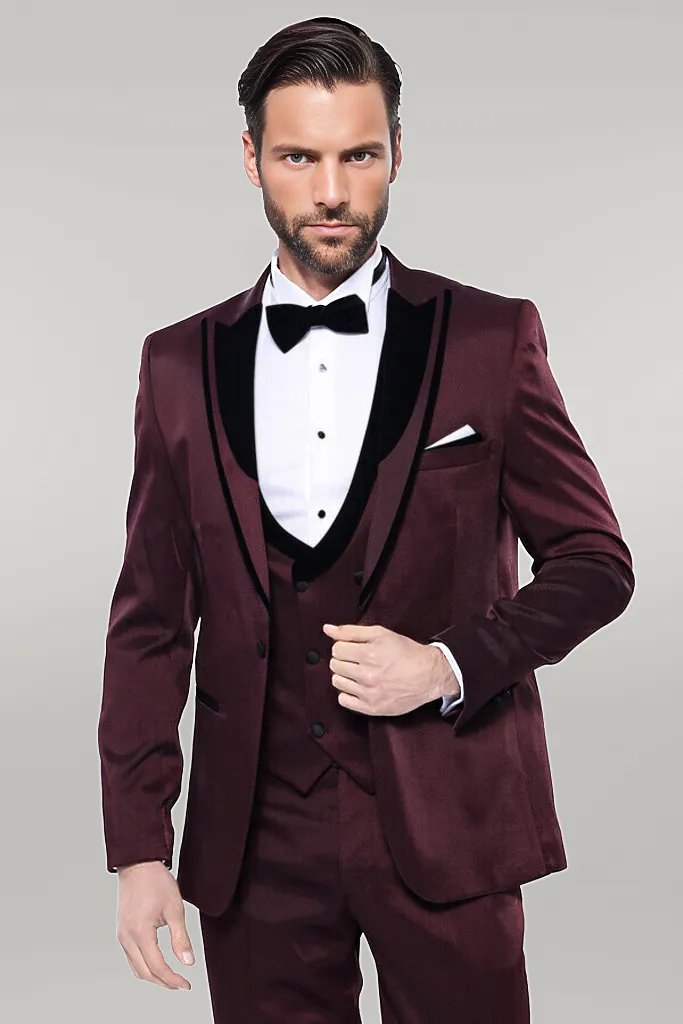 WSS Patterned Velvet Lapel Burgundy Tuxedo  - Singen