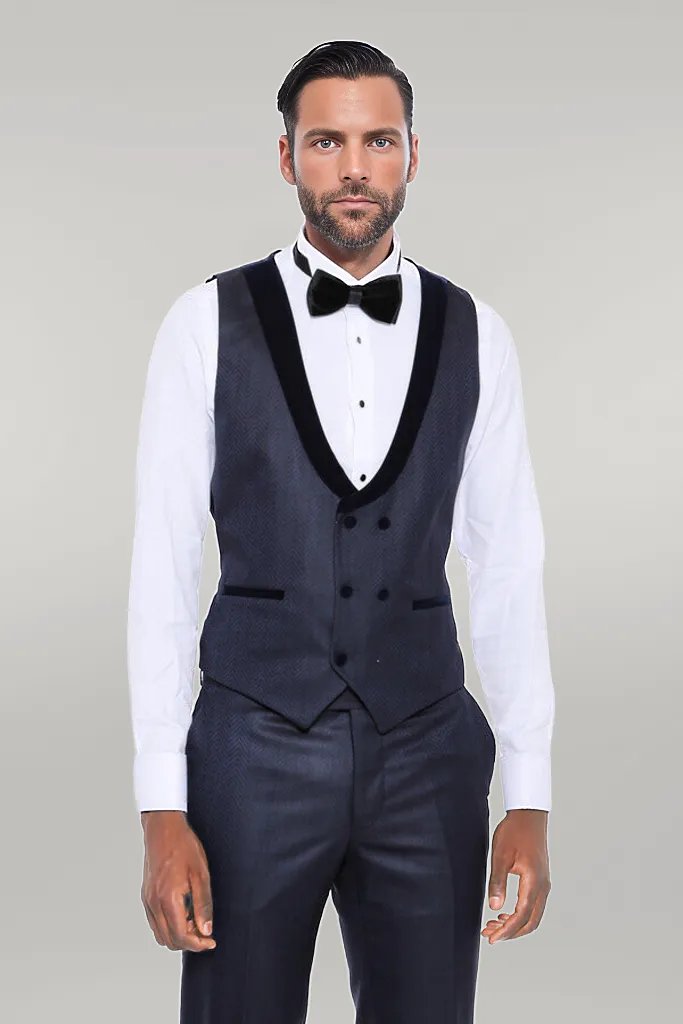 WSS Patterned Velvet Lapel Navy Blue Men Tuxedo  - Singen