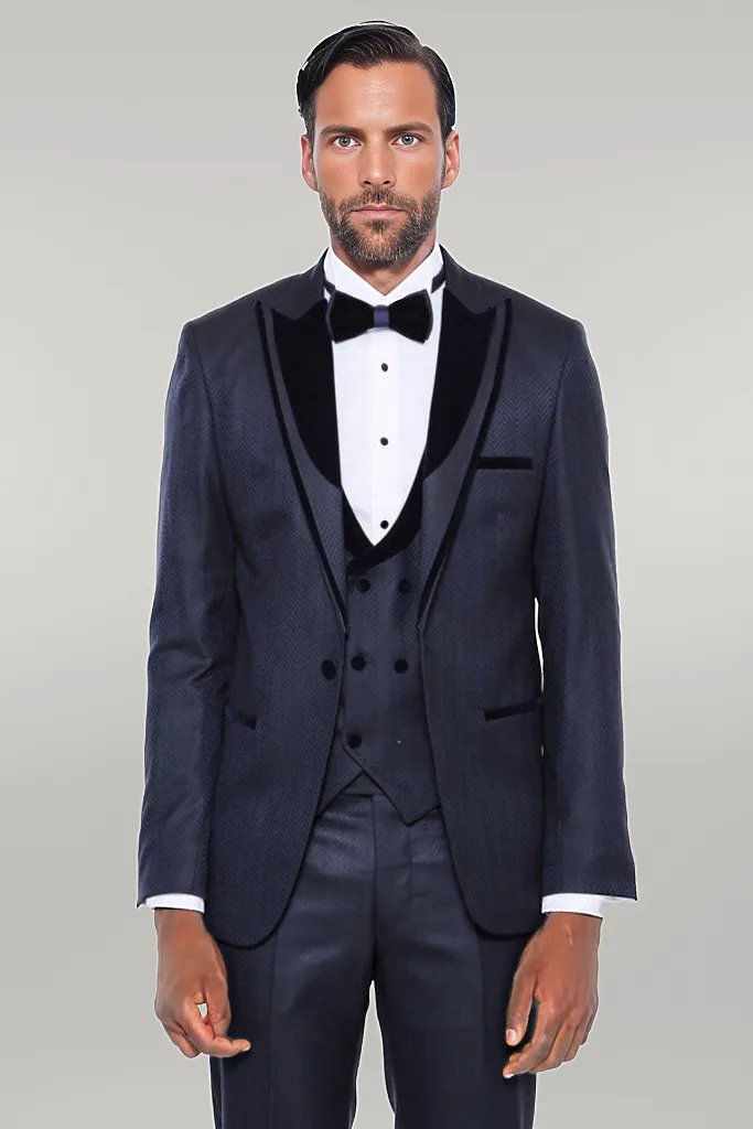 WSS Patterned Velvet Lapel Navy Blue Men Tuxedo  - Singen