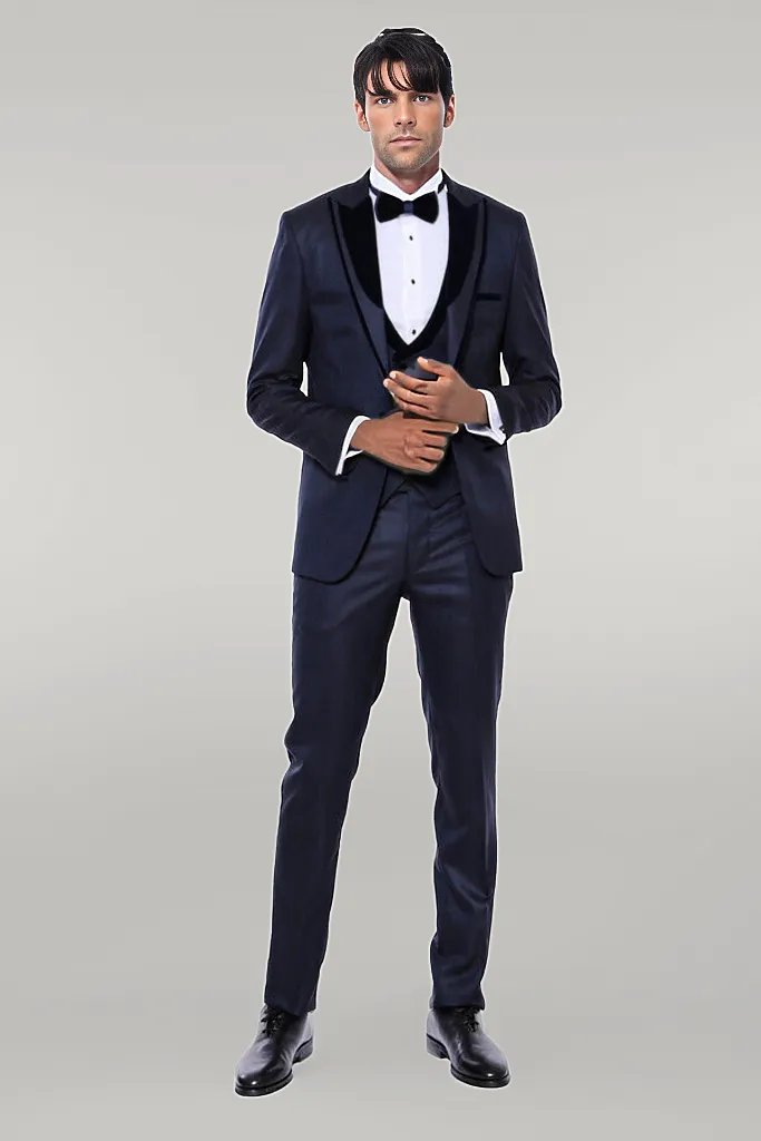 WSS Patterned Velvet Lapel Navy Blue Men Tuxedo  - Singen