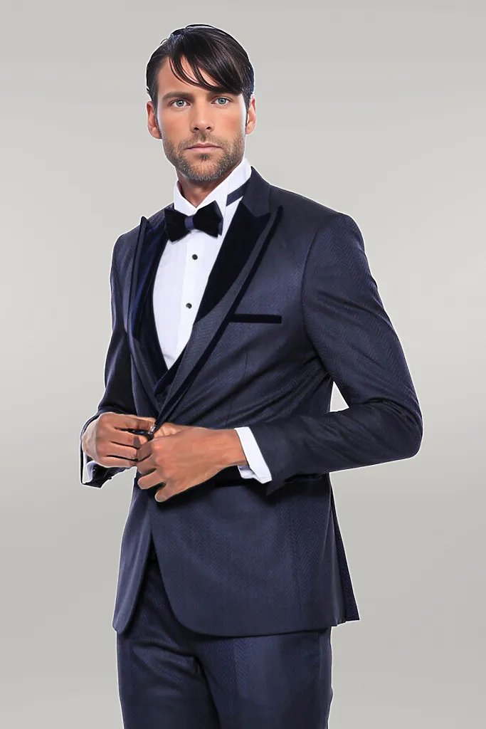 WSS Patterned Velvet Lapel Navy Blue Men Tuxedo  - Singen