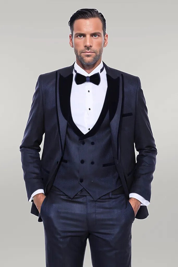 WSS Patterned Velvet Lapel Navy Blue Men Tuxedo  - Singen