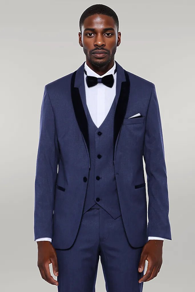 WSS Patterned Velvet Lapel Navy Blue Tuxedo  - Singen