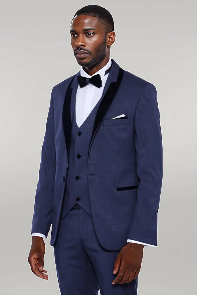 WSS Patterned Velvet Lapel Navy Blue Tuxedo  - Singen