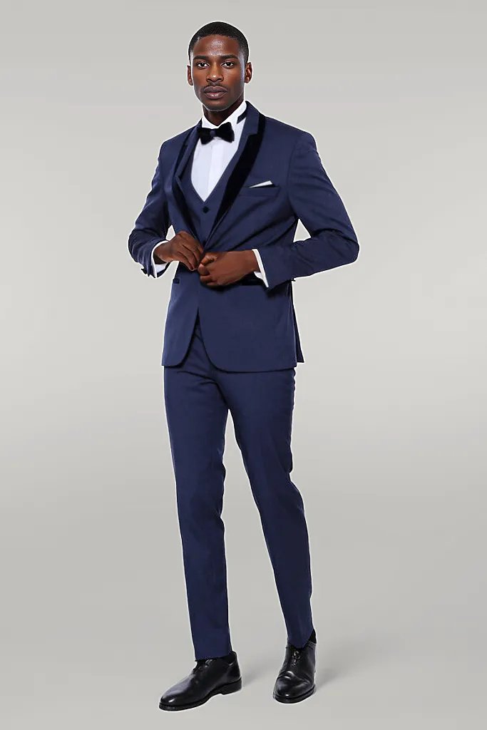 WSS Patterned Velvet Lapel Navy Blue Tuxedo  - Singen