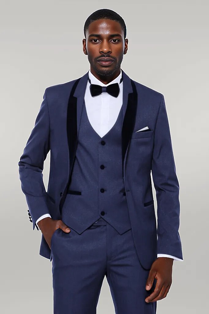 WSS Patterned Velvet Lapel Navy Blue Tuxedo  - Singen