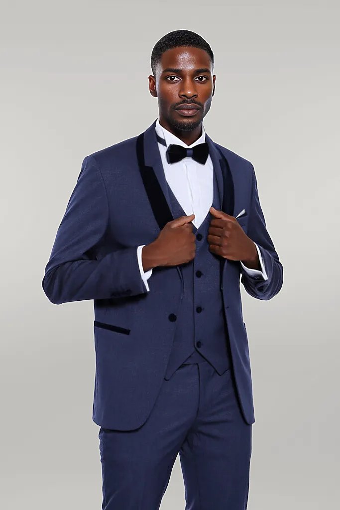 WSS Patterned Velvet Lapel Navy Blue Tuxedo  - Singen