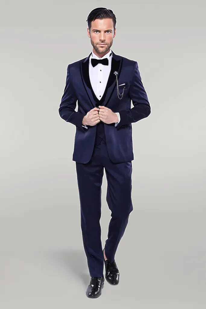 WSS Patterned Velvet Lapel Navy Tuxedo  - Singen