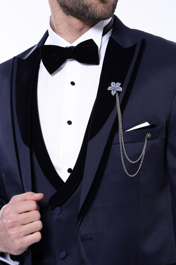 WSS Patterned Velvet Lapel Navy Tuxedo  - Singen