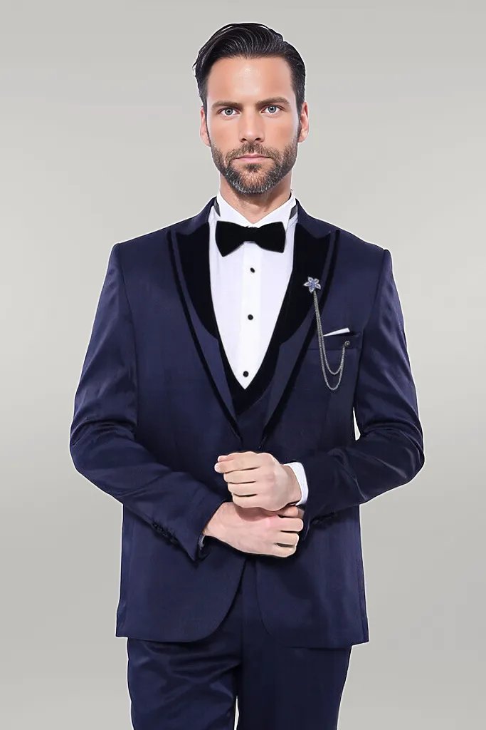 WSS Patterned Velvet Lapel Navy Tuxedo  - Singen