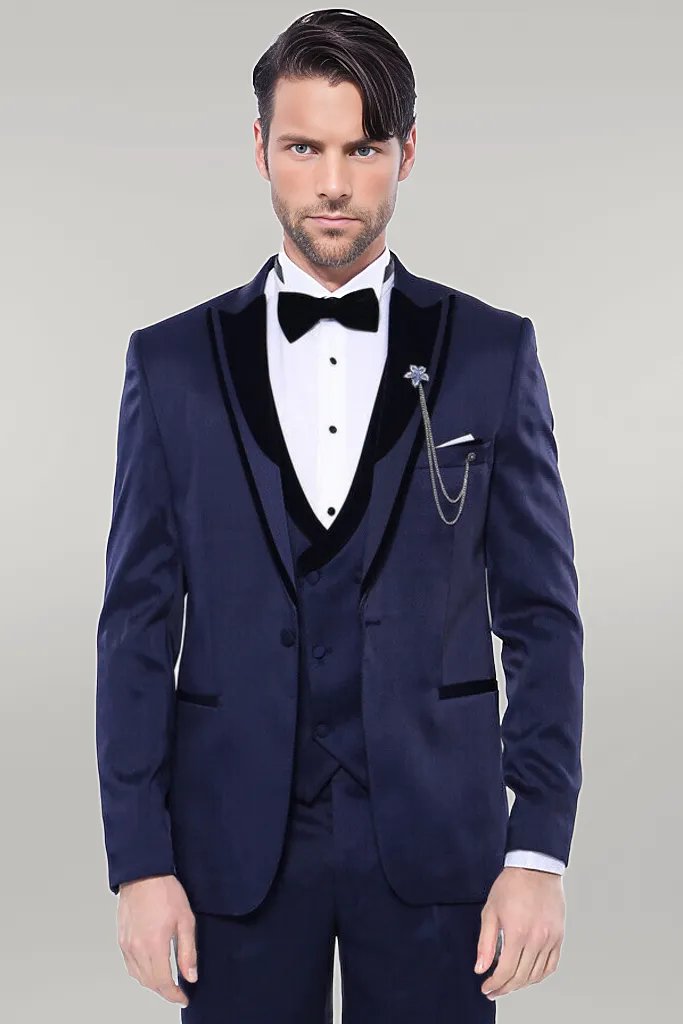 WSS Patterned Velvet Lapel Navy Tuxedo  - Singen