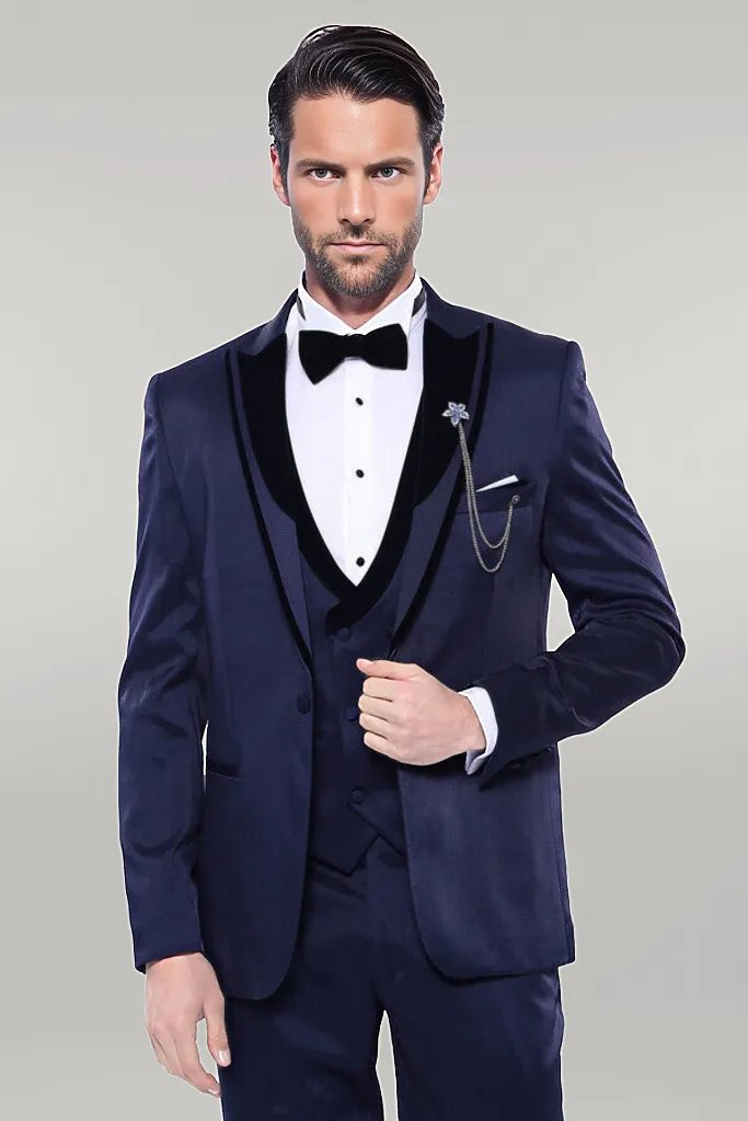 WSS Patterned Velvet Lapel Navy Tuxedo  - Singen