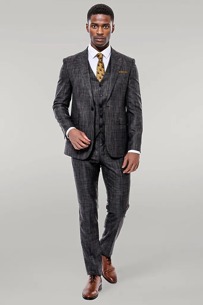 WSS Patterned Vested Slim-Fit Black Men’s Suit  - Singen