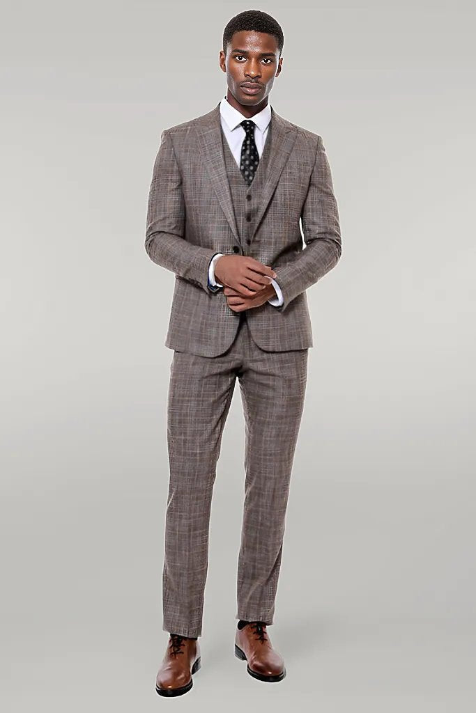 WSS Patterned Vested Slim-Fit Dark Beige Men’s Suit  - Singen