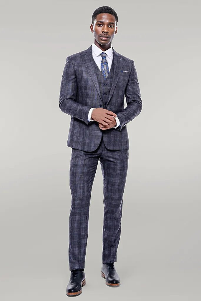 WSS Patterned Vested Slim-Fit Navy Blue Men’s Suit  - Singen