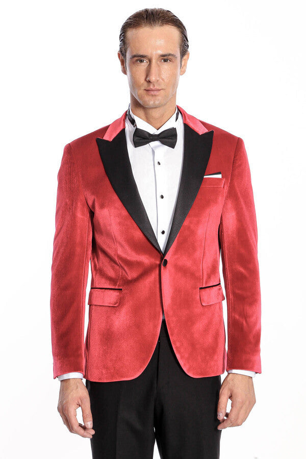 WSS Peak Lapel Velvet Red Men Prom Blazer  - Singen