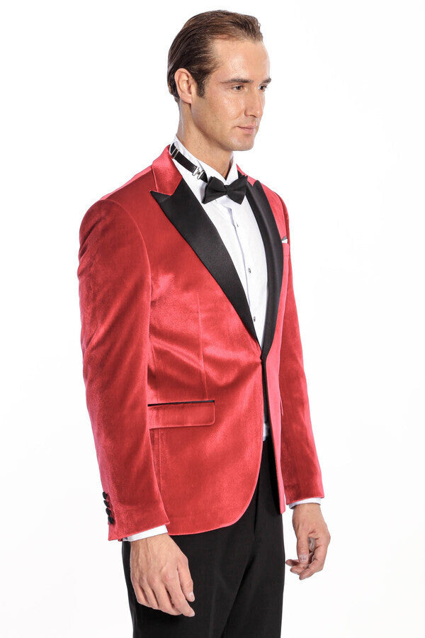 WSS Peak Lapel Velvet Red Men Prom Blazer  - Singen