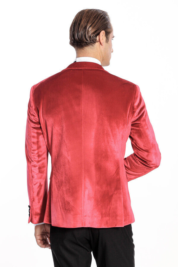 WSS Peak Lapel Velvet Red Men Prom Blazer  - Singen