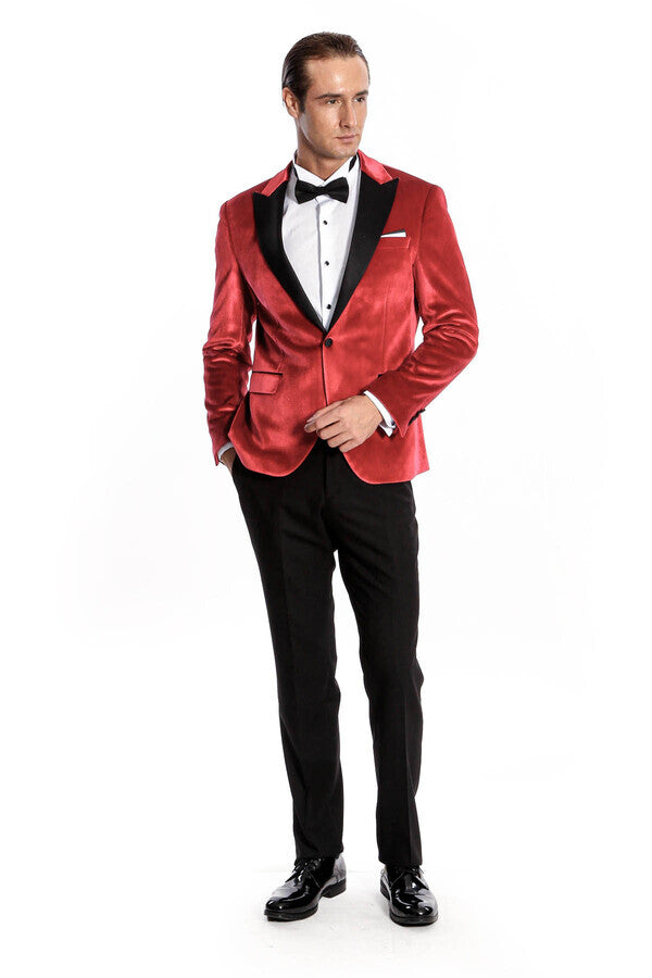 WSS Peak Lapel Velvet Red Men Prom Blazer  - Singen