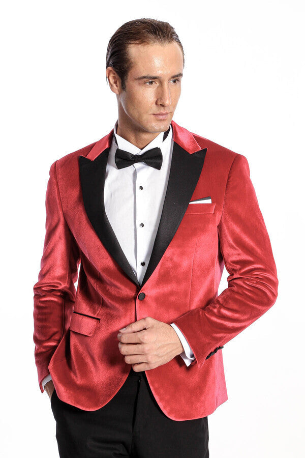 WSS Peak Lapel Velvet Red Men Prom Blazer  - Singen