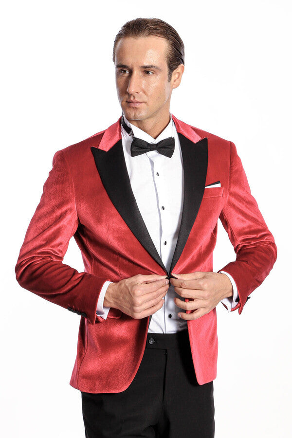 WSS Peak Lapel Velvet Red Men Prom Blazer  - Singen