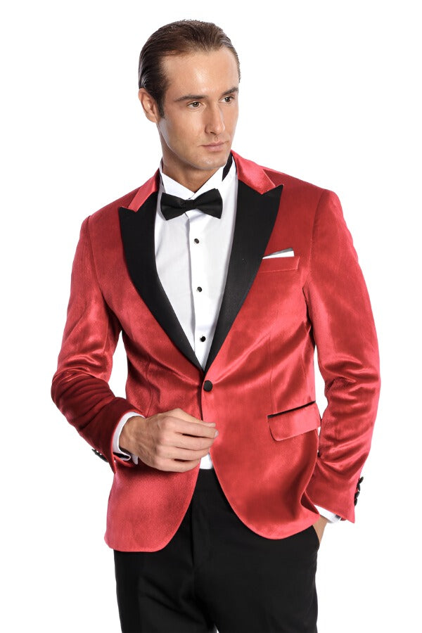 WSS Peak Lapel Velvet Red Men Prom Blazer  - Singen