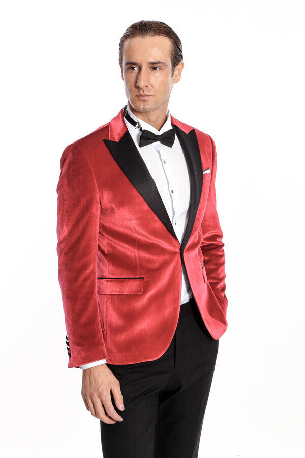 WSS Peak Lapel Velvet Red Men Prom Blazer  - Singen