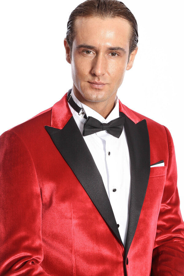 WSS Peak Lapel Velvet Red Men Prom Blazer  - Singen