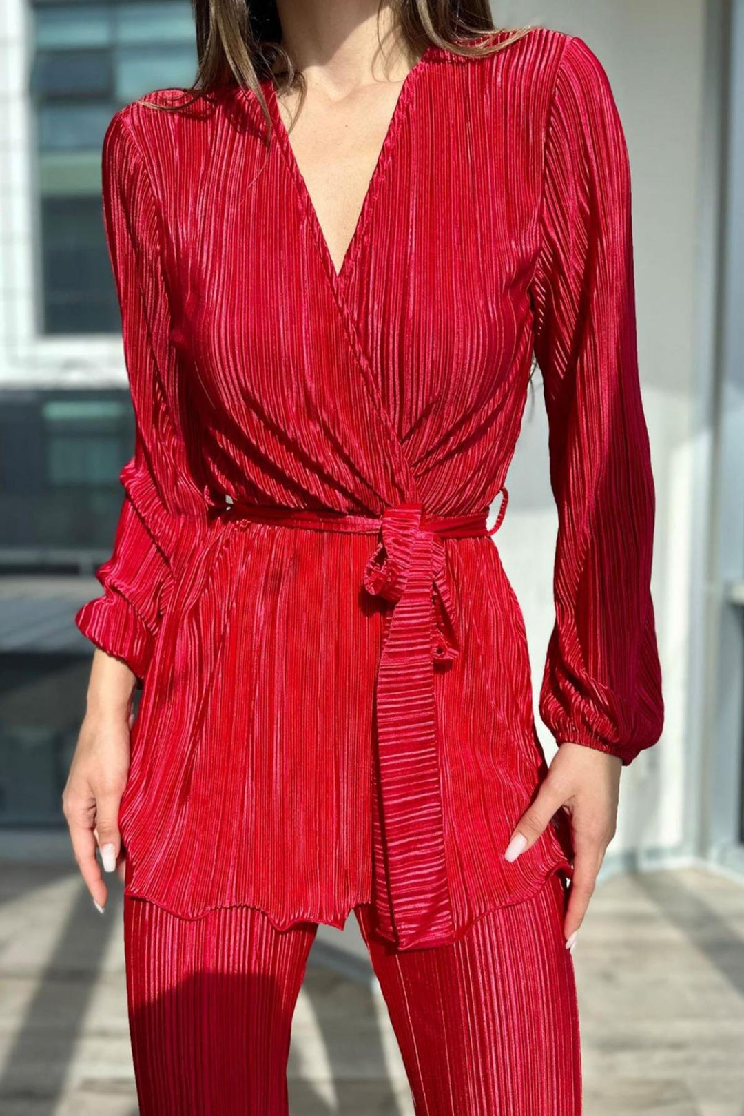 ELS Pleated Belted Suit - Red - Parsippany-Troy Hills