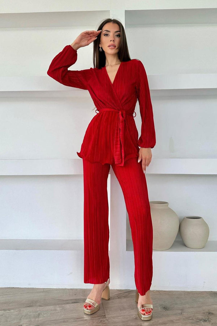 ELS Pleated Belted Suit - Red - Parsippany-Troy Hills