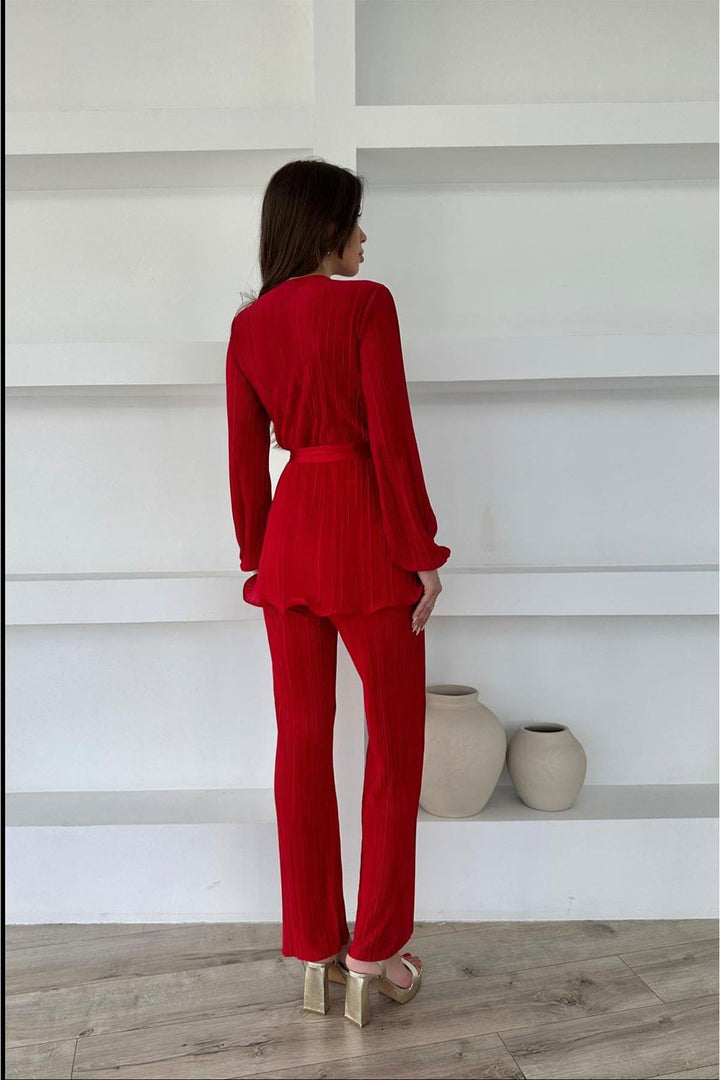 ELS Pleated Belted Suit - Red - Parsippany-Troy Hills