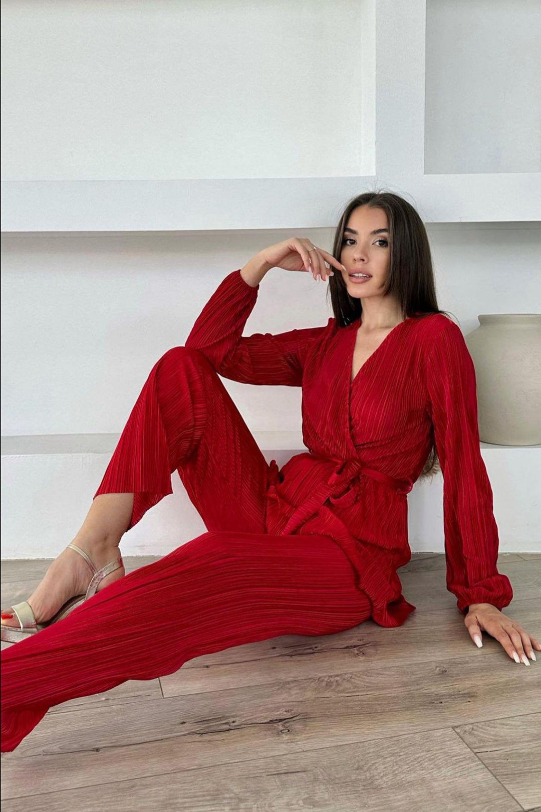 ELS Pleated Belted Suit - Red - Parsippany-Troy Hills