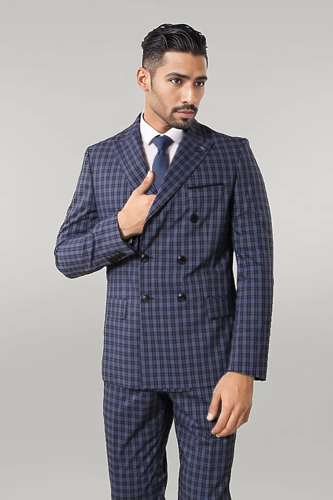 WSS Plaid Navy Blue Men's Double Breasted Suit  - Singen