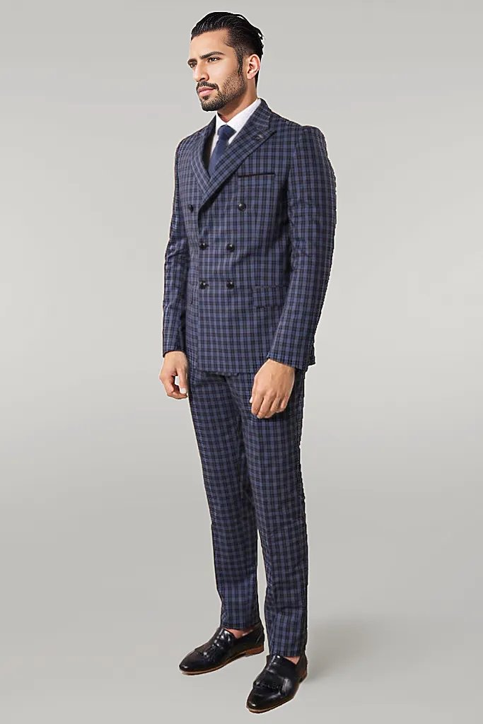 WSS Plaid Navy Blue Men's Double Breasted Suit  - Singen