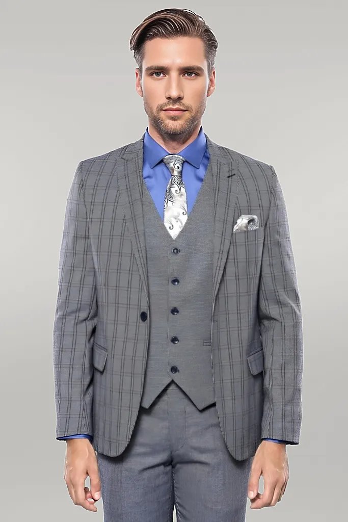 WSS Plaid Navy Slim-Fit Vested Suit  - Singen