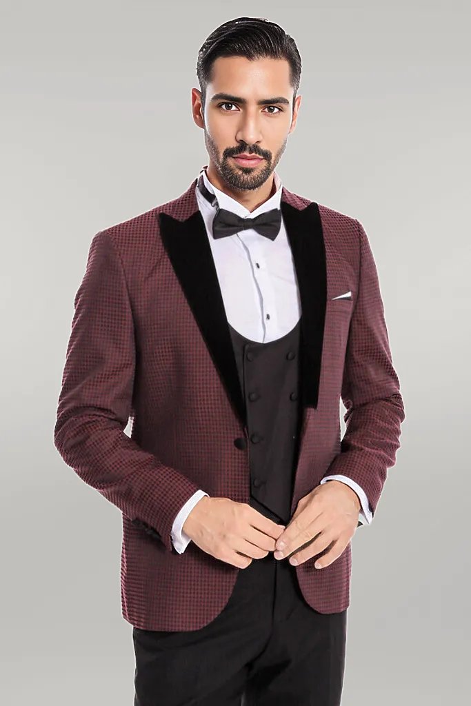 WSS Plaid Patterned Burgundy Tuxedo  - Singen