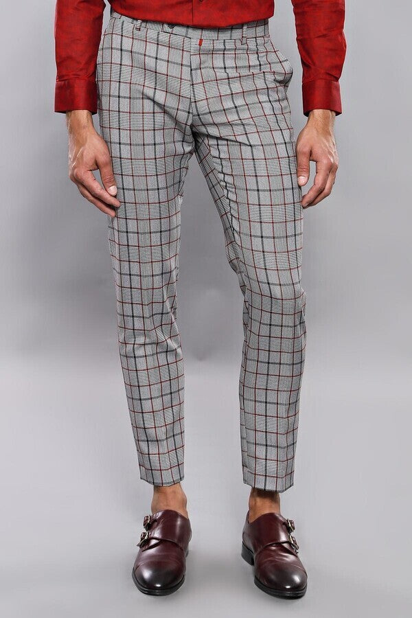 WSS Plaid Slim-Fit Dark Grey Men Trousers  - Singen