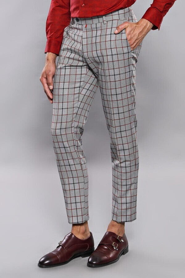 WSS Plaid Slim-Fit Dark Grey Men Trousers  - Singen