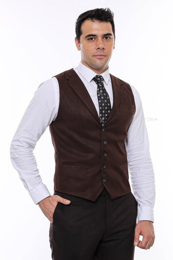 WSS Plain Collared Trach Brown Men Vest - Singen